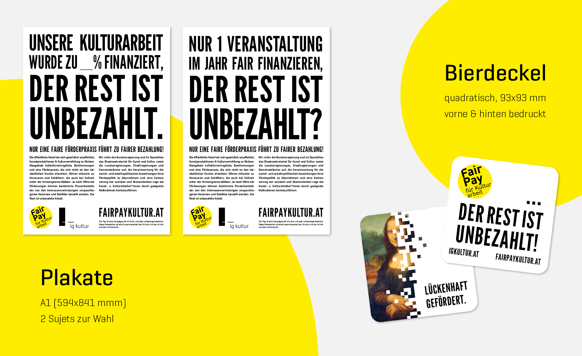 Plakate und Bierdeckel zur Kampagne "Fair Pay ...der Rest ist unbezahlt"