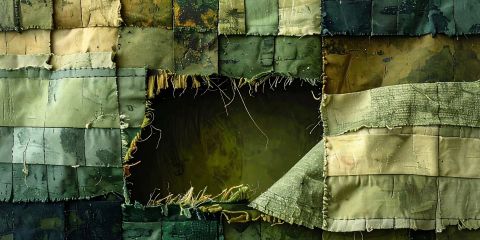 Ein Patchwork-teppich mit einem ausgefransten Loch in der Mitte