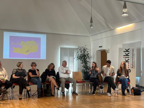 Teilnehmer:innen sitzen im Halbkreis im Rathaussaal in St. Paul vor einer großformatigen pink-goldenen Grafik des Kulturtunnels.